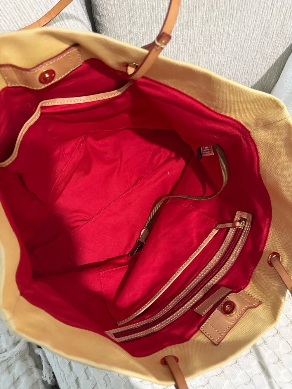 Dooney & Bourke Yellow Canvas Tote with Blue & Cream Stripes